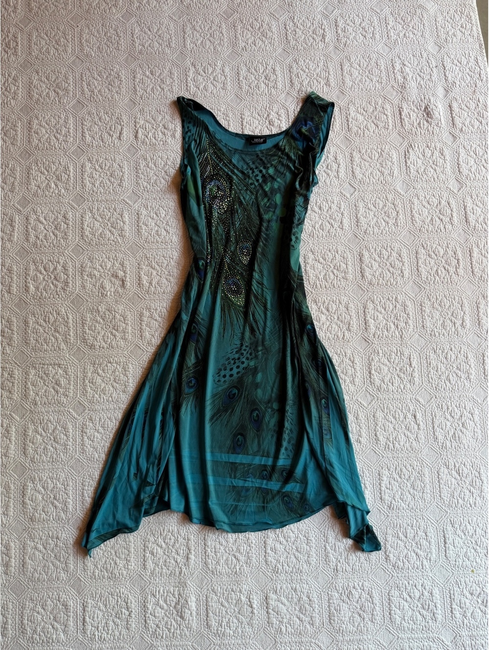 Vintage justar XL Women's Sleeveless Peacock Print Dress with Rhinestone Accents